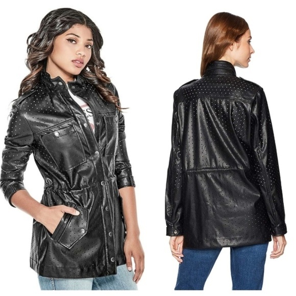 NWT GUESS Vegan Leather Moto Jacket Black Size Large - Picture 1 of 8